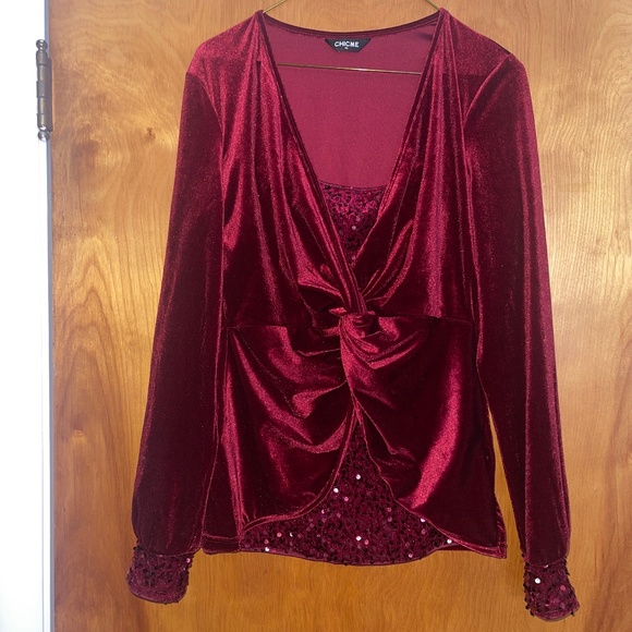 Twist front velvet sequin panel top shirt blouse - Picture 1 of 6